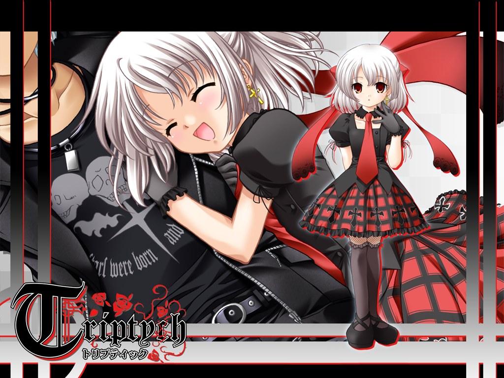 aona masao, nimura yuuji, nayuta (triptych), riona (triptych), saiga (company), triptych, silver hair, official art, official wallpaper, 1boy, 1girl, :d, ^ ^, arm behind back, belt, black gloves, blush, bow, breasts, brown eyes, choker, closed eyes, copyright name, couple, cross, cross earrings, cross print, detached collar, dutch angle, earrings, english text, fishnet thighhighs, fishnets, flower, frills, gloves, goth fashion, gothic lolita, hair bow, hair ribbon, half updo, hand on another's chest, happy, hetero, hug, jacket, jewelry, laughing, logo, lolita fashion, looking at viewer, multiple views, necklace, necktie, open clothes, open jacket, open mouth, outline, over-kneehighs, parted bangs, parted lips, plaid clothes, plaid skirt, plant, pleated skirt, puffy short sleeves, puffy sleeves, punk, red eyes, ribbon, shoes, short hair, short sleeves, single earring, skirt, skull print, small breasts, smile, solo focus, standing, tan, thighhighs, unzipped, vines, zipper