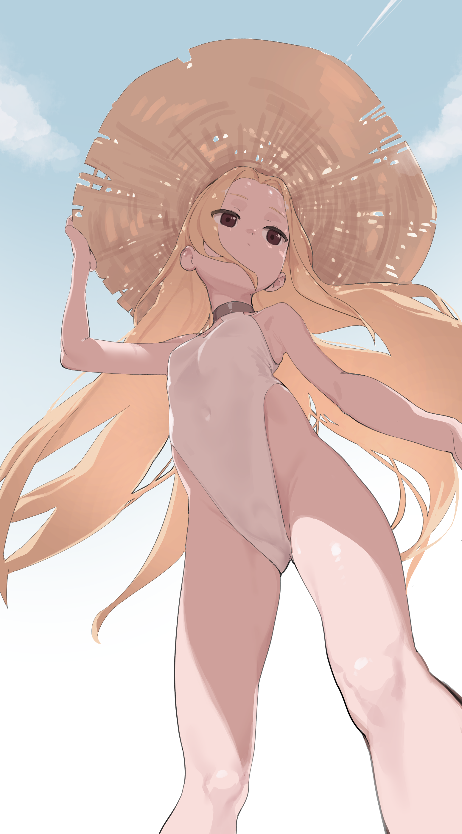o wang, fleta, mabinogi, absurdres, highres, 1girl, blue sky, from below, hat, highleg, highleg one-piece swimsuit, long hair, one-piece swimsuit, outdoors, sky, straw hat, swimsuit