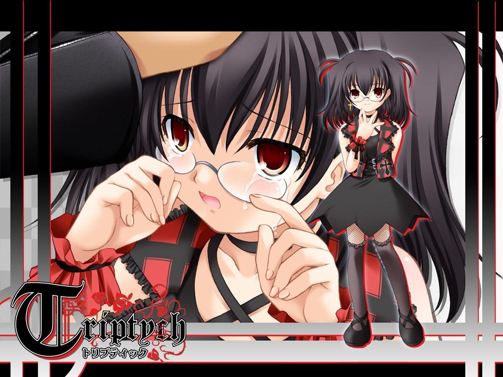 aona masao, nimura yuuji, natsuki (triptych), nayuta (triptych), saiga (company), triptych, cross-laced footwear, official art, official wallpaper, 1boy, 1girl, :o, arm behind back, bare shoulders, belt, black dress, black hair, blush, breasts, choker, collarbone, copyright name, criss-cross halter, cross, cross earrings, crying, dress, earrings, fishnet thighhighs, fishnets, flower, frilled thighhighs, frills, glasses, goth fashion, hair between eyes, halterneck, hand on another's head, hand on own chin, happy, headpat, jewelry, light smile, logo, long sleeves, looking at viewer, multiple belts, multiple views, open clothes, open mouth, open vest, out of frame, outline, over-kneehighs, plaid clothes, plaid skirt, plant, punk, raised eyebrows, red eyes, ribbon, rimless eyewear, sad, shoes, short dress, short hair, single earring, skirt, sleeveless, sleeveless dress, small breasts, smile, standing, tan, tears, thighhighs, two side up, vest, vines, wiping tears, wrist cuffs, zettai ryouiki, zipper