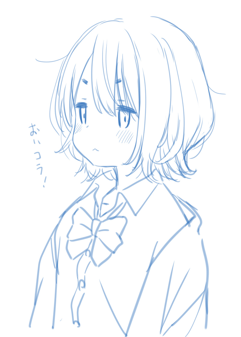 retsumaru, original, check translation, translation request, 1girl, blazer, blush, bow, bowtie, buttons, closed mouth, collared shirt, colored lineart, dot nose, from side, hair between eyes, jacket, looking at viewer, monochrome, open clothes, open vest, school uniform, shirt, short hair, sidelocks, simple background, sketch, solo, sweater vest, upper body, vest, white background