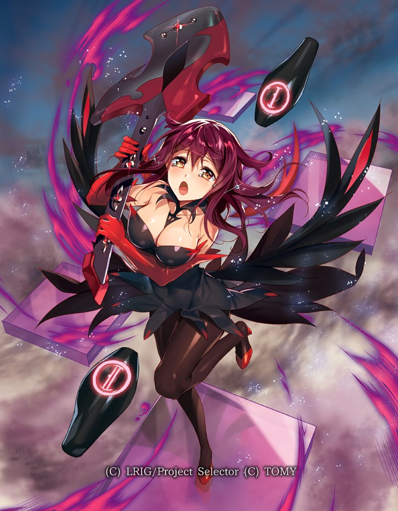 murakami yuichi, guzuko, wixoss, official art, 1girl, aura, black dress, breasts, brown hair, cleavage, copyright notice, covered navel, dress, elbow gloves, from above, gloves, guitar, hair between eyes, holding, holding guitar, holding instrument, instrument, large breasts, open mouth, red gloves, solo, standing, standing on one leg, tears, yellow eyes