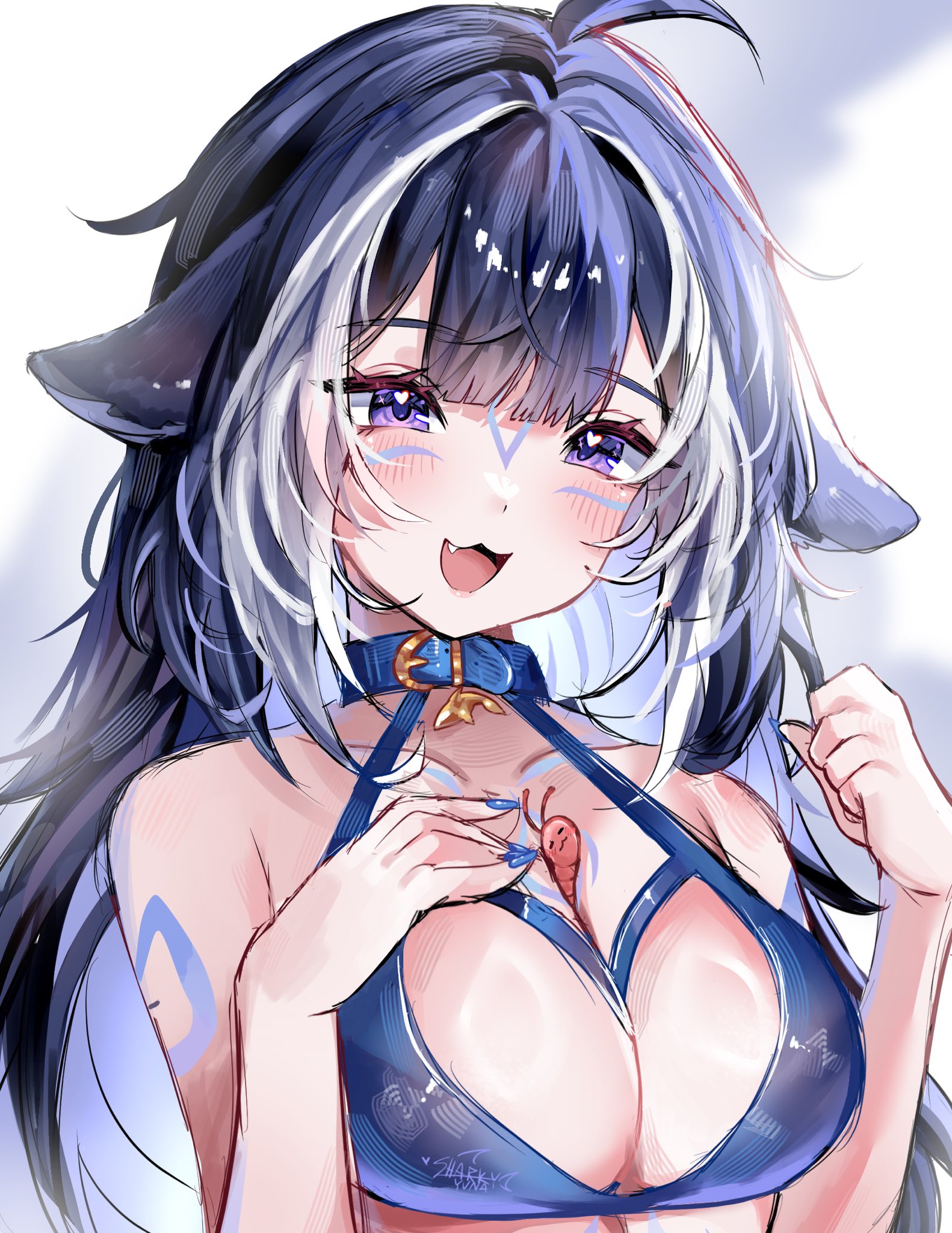 sharkyyuna, shylily, shylily (bikini), indie virtual youtuber, commentary, english commentary, highres, 1girl, ahoge, animal ears, between breasts, bikini, blue bikini, blue collar, blue hair, blue nails, body markings, breasts, cat ears, center-flap bangs, cleavage, collar, collarbone, double-parted bangs, facial mark, fang, fingernails, hand on own chest, heart, heart in eye, large breasts, long hair, looking at viewer, multicolored hair, nail polish, open mouth, purple eyes, smile, solo, streaked hair, swimsuit, symbol in eye, upper body, virtual youtuber, white background, white hair