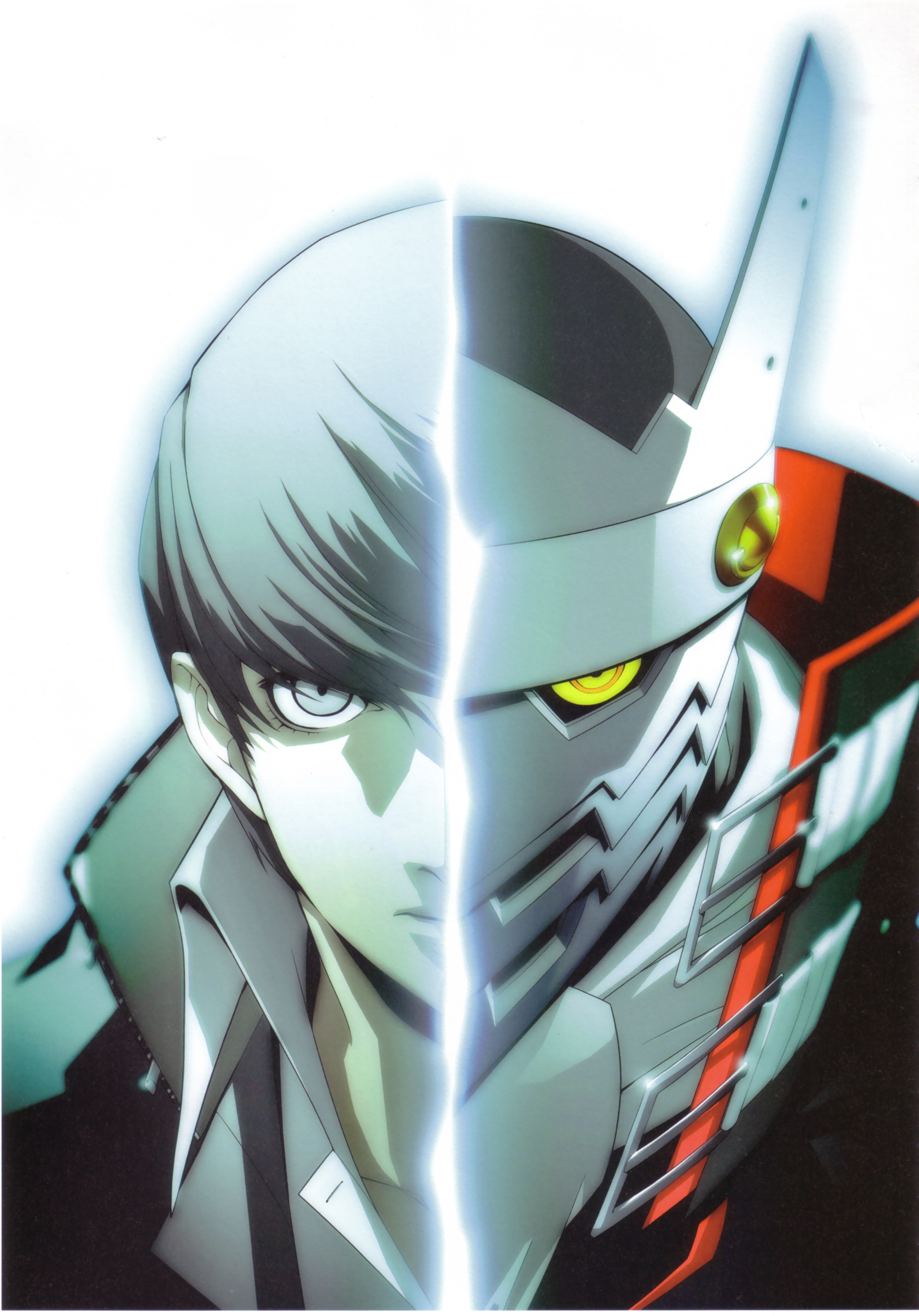soejima shigenori, izanagi (persona 4), narukami yu, atlus, persona, persona 4, absurdres, highres, official art, 1boy, blue eyes, grey hair, male focus, split theme, yellow eyes