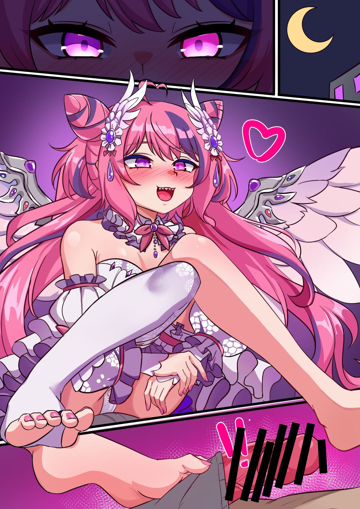 diuda, ironmouse, ironmouse (fallen angel), highres, angel wings, asymmetrical legwear, bare shoulders, barefoot, bodypaint, footjob, glowing, glowing eyes, multicolored hair, painted clothes, pink hair, purple eyes, streaked hair, virtual youtuber, wings