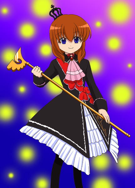 maria (umineko), umineko no naku koro ni, 00s, blue eyes, crown, dress, orange hair, ribbon, short hair, smile, solo, staff