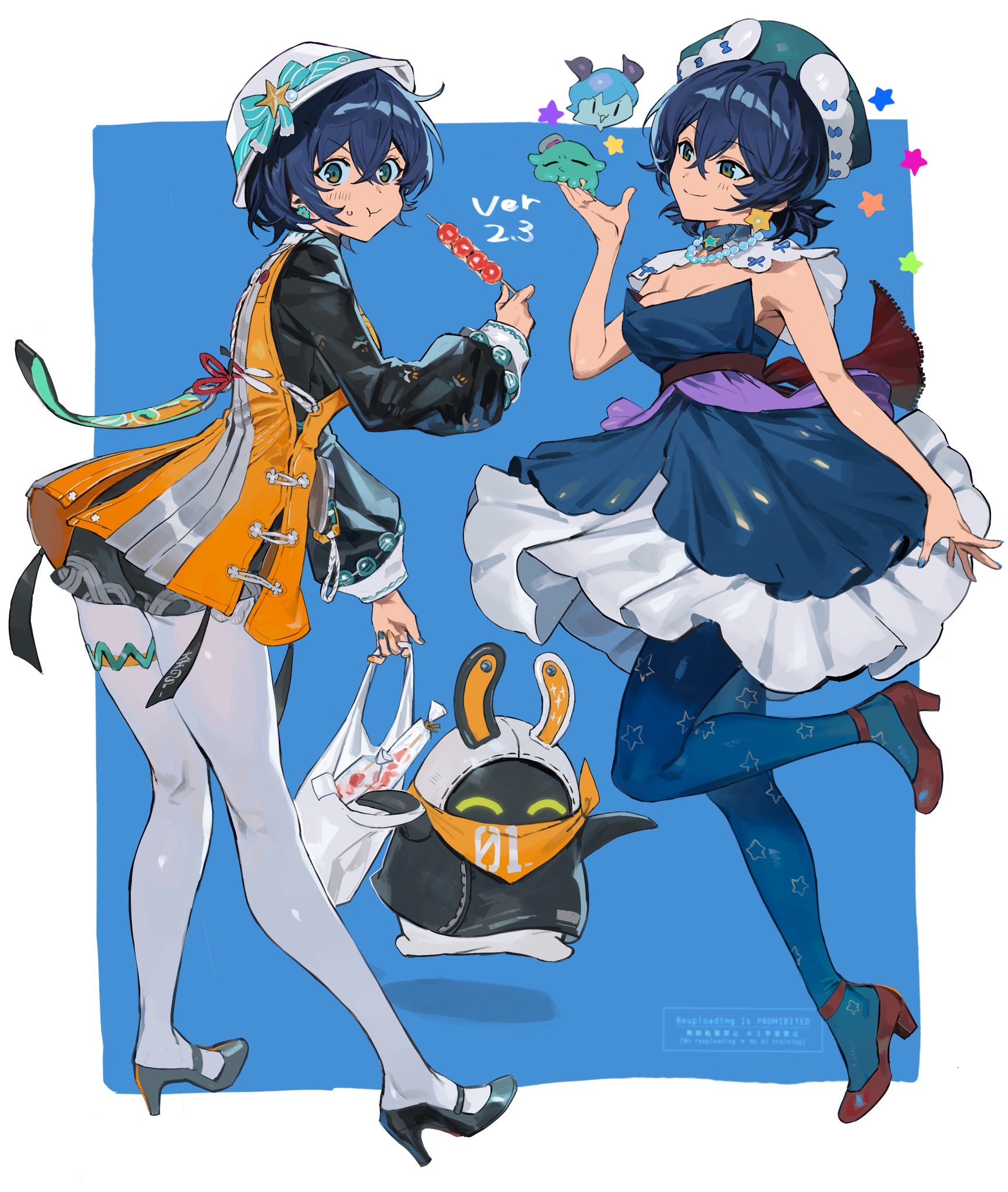 hashibiro kou (garapiko p), bangboo (zenless zone zero), belle (delicate sunlight) (zenless zone zero), belle (zenless zone zero), eous (zenless zone zero), zenless zone zero, highres, 1girl, 1other, accessories, alternate costume, bag, bandana, bandana around neck, bare shoulders, beads, beizi (clothing), black shoes, blue background, blue dress, blue hair, blue pantyhose, blush, border, bracelet, breasts, brown shoes, chinese clothes, closed mouth, collar, dress, dress over shirt, earrings, eating, food, from side, green eyes, green hat, hair between eyes, hat, holding, holding bag, holding food, jewelry, looking at object, looking at viewer, multiple views, necklace, official alternate costume, orange bandana, orange dress, pantyhose, plastic bag, shoes, short hair, smile, standing, standing on one leg, star (symbol), star earrings, sweatdrop, thigh strap, white border, white hat, white pantyhose