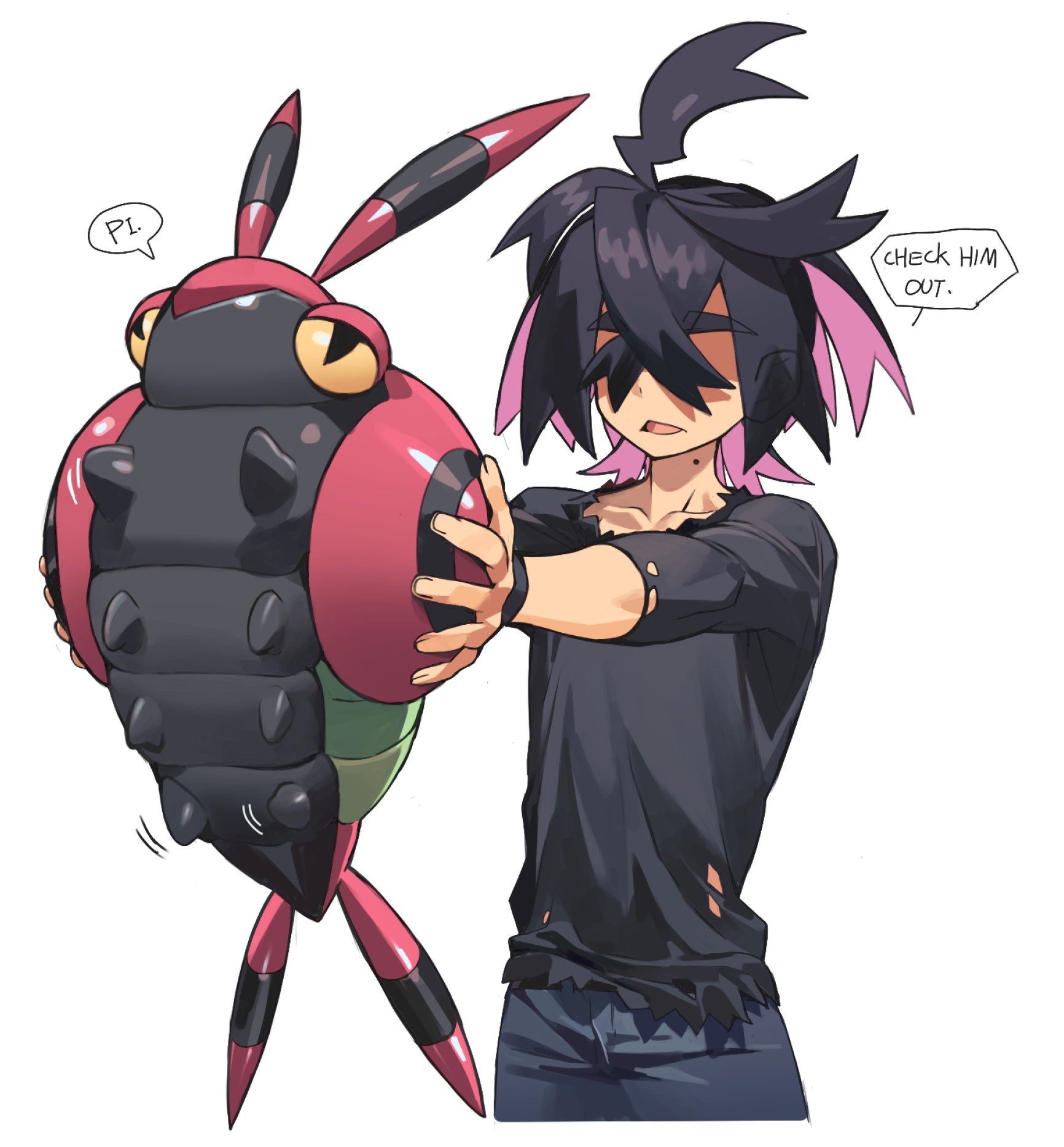 knifedragon, kieran (pokemon), venipede, nintendo, pokemon, pokemon sv, commentary, highres, 1boy, alternate costume, black hair, black shirt, colored sclera, crossed bangs, english text, faceless, faceless male, gen 5 pokemon, hair between eyes, holding, holding pokemon, male focus, mole, mole on neck, multicolored hair, open mouth, pink hair, pokemon (creature), shirt, simple background, speech bubble, torn clothes, white background, yellow sclera