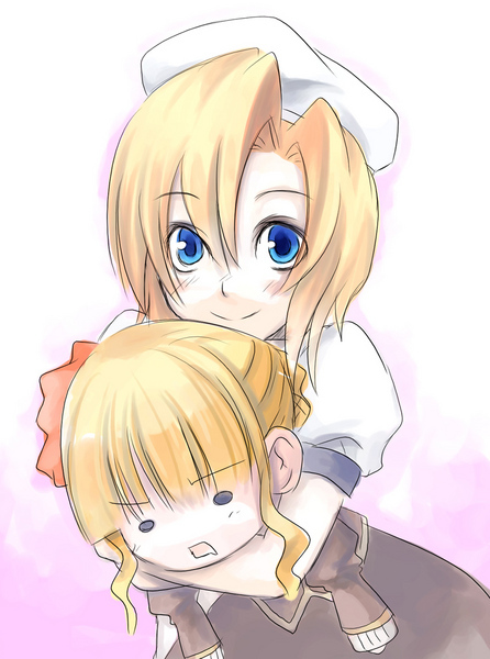 beatrice (umineko), ryuuguu rena, higurashi no naku koro ni, umineko no naku koro ni, 00s, beret, blonde hair, blue eyes, crossover, dress, flower, hat, hug, orange hair, rose, short hair