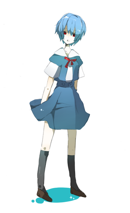 ayanami rei, neon genesis evangelion, blue hair, oekaki, pale skin, red eyes, school uniform, short hair, solo