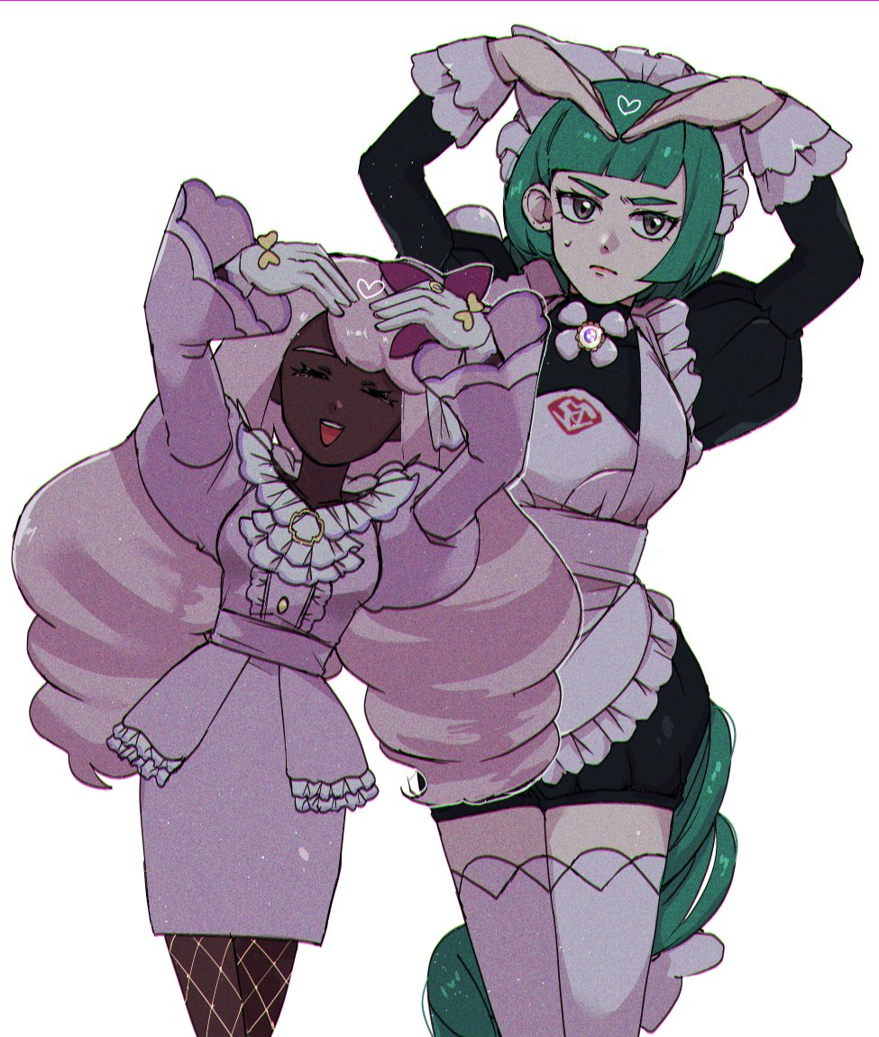 adashino, jacinthe (pokemon), lebanne (pokemon), nintendo, pokemon, pokemon legends: z-a, 2girls, ^ ^, apron, ascot, black dress, braid, braided ponytail, closed eyes, dark-skinned female, dark skin, dress, fascinator, fishnet pantyhose, fishnets, frilled ascot, frills, frown, gold ring, green hair, heart, heart arms, height difference, juliet sleeves, long braid, long hair, long sleeves, looking at viewer, low drills, maid apron, maid headdress, multiple girls, open mouth, pantyhose, puffy sleeves, purple dress, purple eyes, purple hair, short dress, single braid, smile, teeth, thighhighs, upper teeth only, very dark skin, white thighhighs