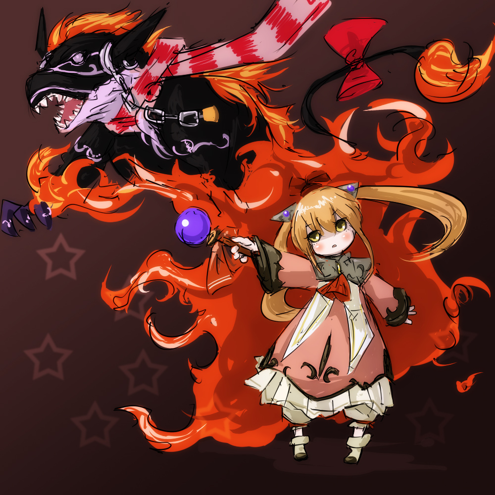 mot (anticycle), lymle lemuri phi, star ocean, star ocean: the last hope, 1girl, blonde hair, bow, contrapposto, female focus, horns, long hair, long sleeves, monster, red bow, sharp teeth, solo, standing, tail, tail bow, tail ornament, teeth, twintails