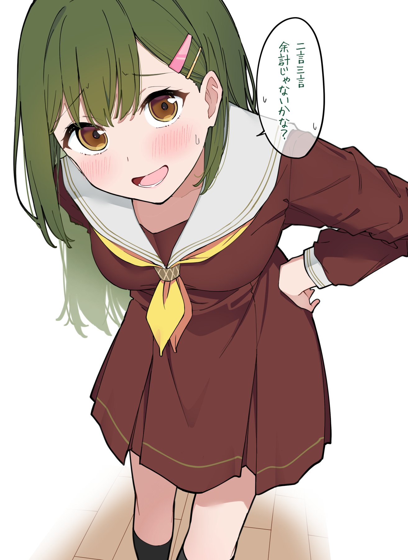 liz (piyoko piyop), ogami sachi, link! like! love live!, love live!, commentary request, highres, translation request, 1girl, black socks, blush, breasts, brown dress, brown eyes, dress, feet out of frame, green hair, hair ornament, hairclip, hand on own hip, hasu no sora school uniform, kneehighs, leaning forward, long hair, long sleeves, looking at viewer, medium breasts, medium dress, neckerchief, parallel hairclips, pleated dress, raised inner eyebrows, sailor collar, sailor dress, school uniform, simple background, socks, solo, standing, sweatdrop, white background, white sailor collar, winter uniform, wooden floor, yellow neckerchief