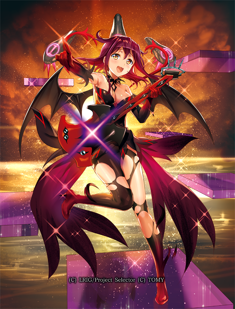 murakami yuichi, guzuko, wixoss, official art, 1girl, bare shoulders, black dress, black wings, breasts, brown hair, cleavage, copyright notice, demon wings, dress, elbow gloves, gloves, guitar, holding, holding guitar, holding instrument, instrument, large breasts, off-shoulder dress, off shoulder, open mouth, pantyhose, pointing, red gloves, solo, sparkle, standing, standing on one leg, sweatdrop, torn clothes, torn pantyhose, wings, yellow eyes