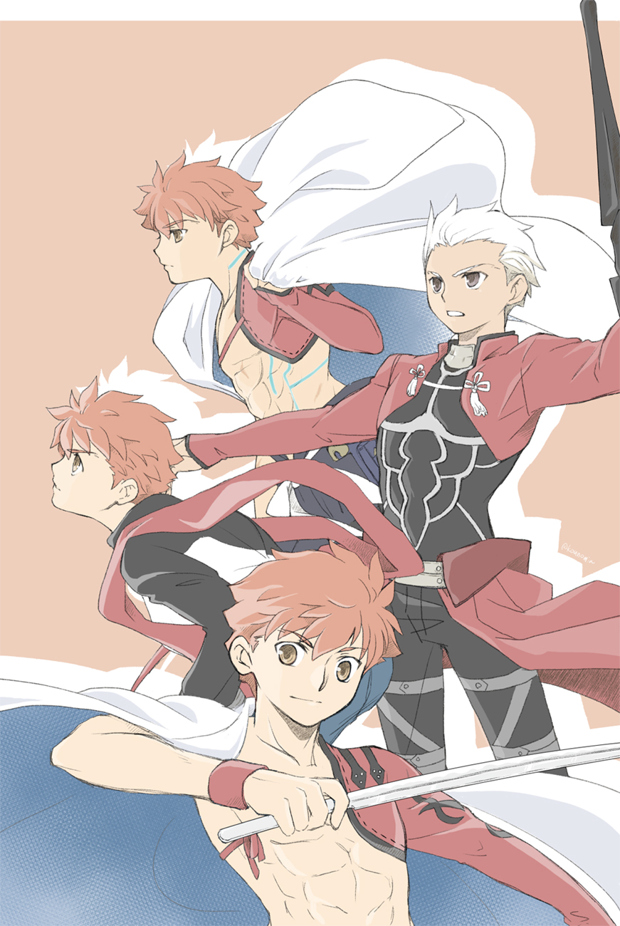 kinoe imashi, archer (fate), emiya shirou, senji muramasa (fate), fate/grand order, fate/stay night, fate (series), highres, 3boys, abs, armor, cape, coat, holding, holding unworn cape, holding unworn clothes, male focus, multiple boys, orange hair, red coat, single bare shoulder, toned, toned male, unworn cape, white cape, white hair