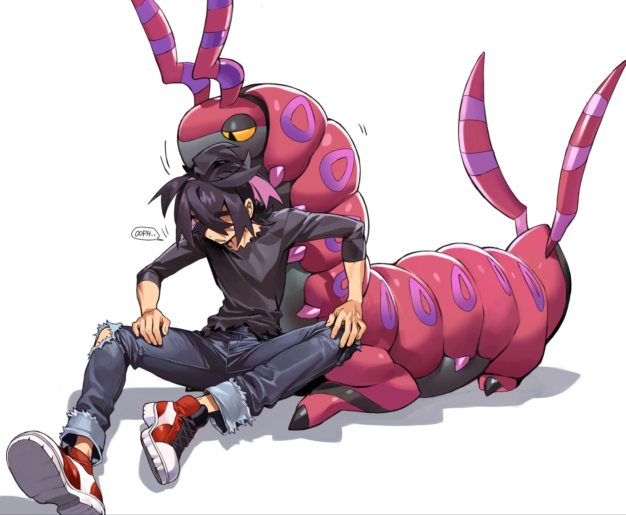 knifedragon, kieran (pokemon), scolipede, nintendo, pokemon, pokemon sv, commentary, highres, 1boy, alternate costume, black hair, black shirt, colored sclera, denim, english text, faceless, faceless male, gen 5 pokemon, jeans, male focus, multicolored hair, orange sclera, pants, pink hair, pokemon (creature), shirt, shoes, simple background, sitting, speech bubble, torn clothes, torn jeans, torn pants, white background