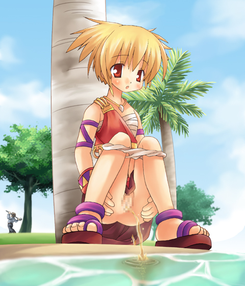 azer (pangya), lola (pangya), pangya, artist request, 1boy, 1girl, armlet, blonde hair, blue pants, blue shirt, blush, bracelet, brown hair, censored, cloud, crop top, eyes visible through hair, golf club, holding, island, jewelry, long hair, long sleeves, necklace, ocean, open mouth, palm tree, panties, pants, panty pull, peeing, pole, pussy, red eyes, red shirt, red skirt, sand, sandals, sarashi, shirt, skirt, sky, tooth necklace, tree, twintails, underwear, water, white panties