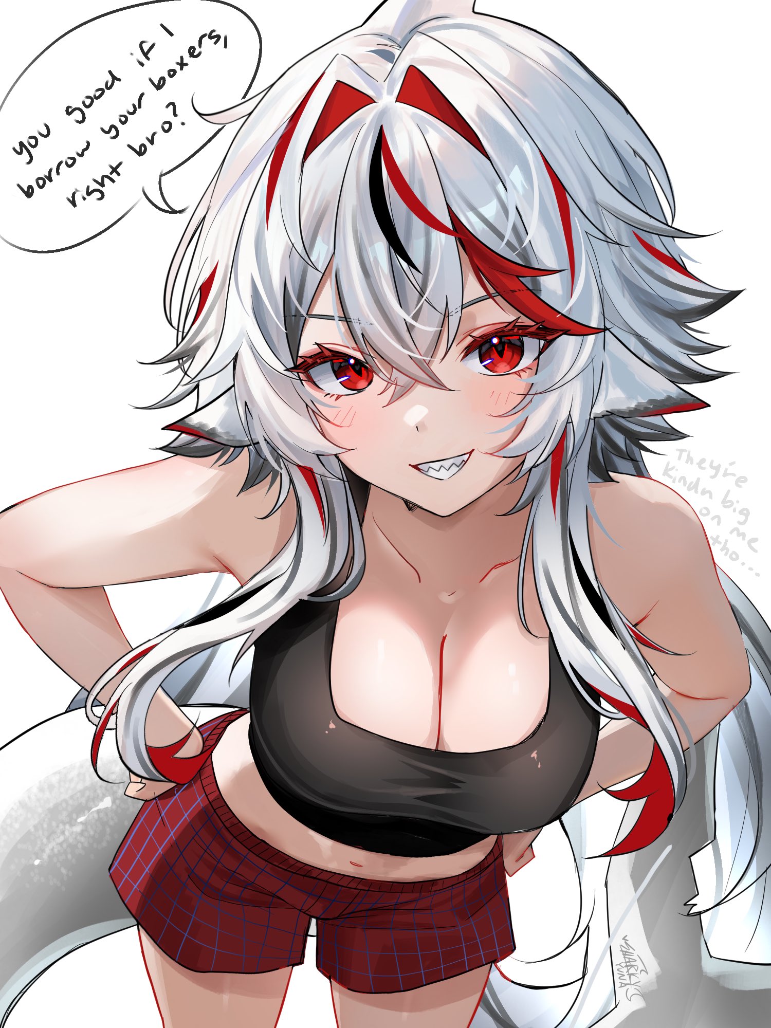 sharkyyuna, indie virtual youtuber, commentary, english commentary, highres, 1girl, animal ears, bare arms, black tank top, boxers, breasts, cleavage, cowboy shot, crossed bangs, double-parted bangs, english text, fins, fish tail, grin, hair between eyes, hair intakes, hands on own hips, large breasts, leaning forward, long hair, looking at viewer, male underwear, midriff, multicolored hair, red eyes, red male underwear, red streaks, shark girl, shark tail, sharkyyuna (vtuber), sharp teeth, simple background, smile, solo, speech bubble, streaked hair, tail, talking, tank top, teeth, underwear, virtual youtuber, white background, white hair