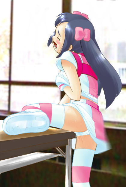 karuizawa momo, capcom, justice gakuen, 1girl, blush, blush stickers, bow, breasts, classroom, closed eyes, crotch rub, female focus, female masturbation, flat chest, grabbing another's breast, groping, hair bow, indoors, leg up, loli, long hair, masturbation, miniskirt, panties, pantyshot, school, skirt, solo, striped clothes, striped thighhighs, table, thighhighs, twintails, underwear, wet, white panties