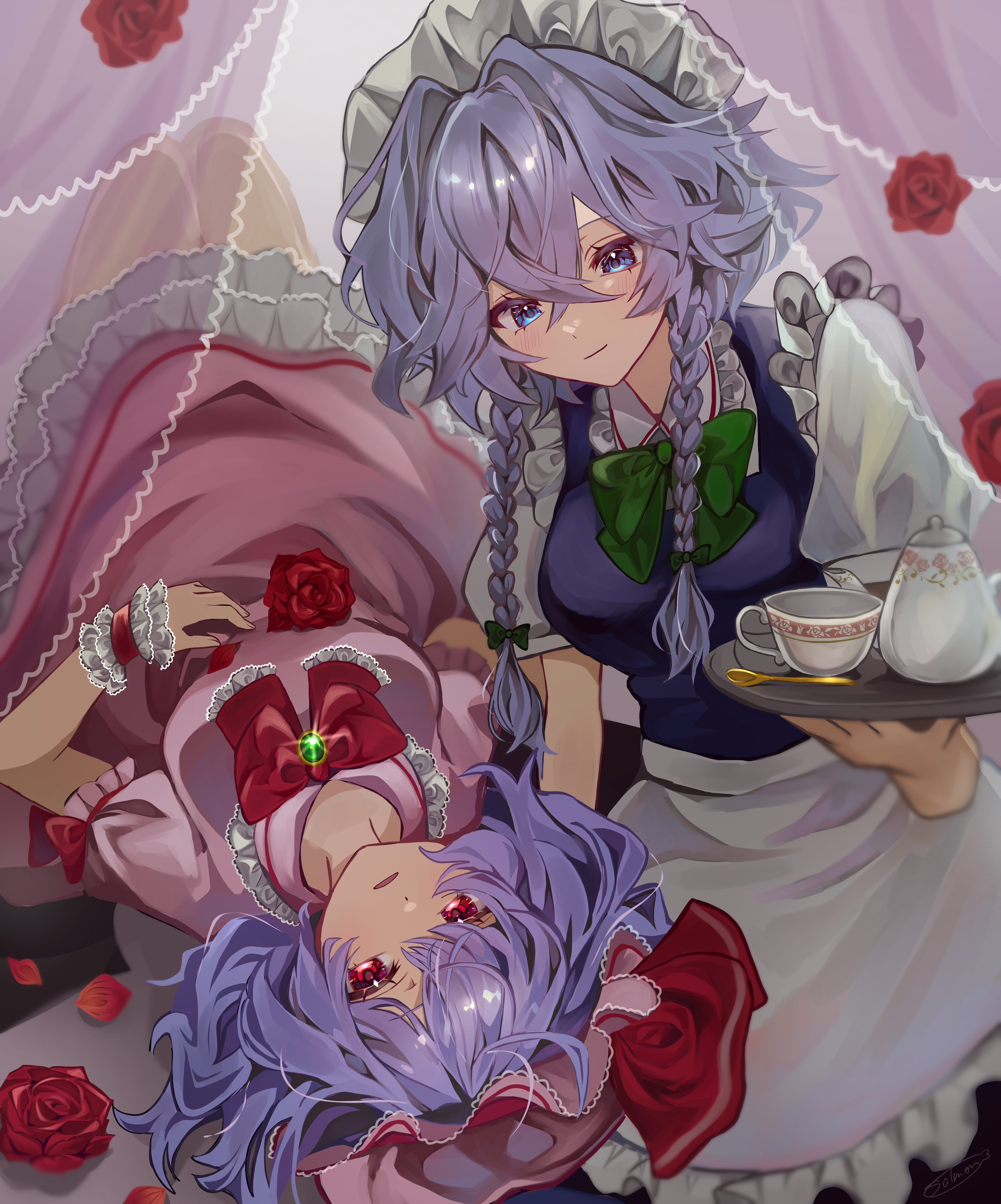 samon (vxxr8575), izayoi sakuya, remilia scarlet, touhou, absurdres, highres, 2girls, apron, blue dress, blue eyes, blush, bow, bowtie, braid, braided sidelock, breasts, crossed bangs, cup, dress, flower, frilled apron, frilled hat, frilled sleeves, frilled wristband, frills, green bow, green bowtie, grey hair, hair between eyes, hair bow, hat, holding, holding tray, indoors, knees up, light smile, lying, maid, maid apron, maid headdress, medium breasts, mob cap, multiple girls, on back, petals, pinafore dress, pink dress, pink hat, puffy short sleeves, puffy sleeves, purple hair, red bow, red bowtie, red eyes, red flower, red rose, rose, shirt, short sleeves, sleeveless, sleeveless dress, small breasts, teacup, teapot, tray, twin braids, waist apron, white apron, white shirt
