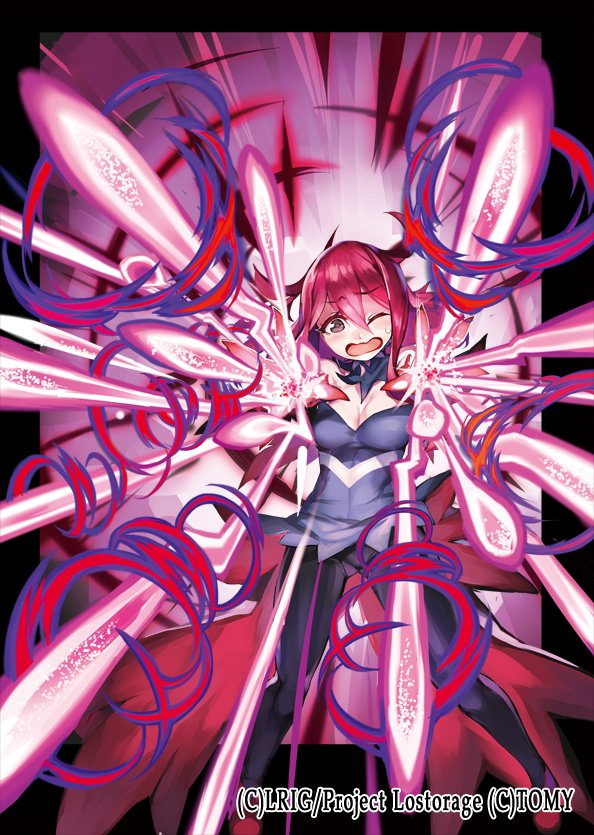 ario, guzuko, wixoss, official art, 1girl, black border, black dress, black pantyhose, border, breasts, cleavage, copyright notice, dress, energy beam, hair between eyes, open mouth, outside border, pantyhose, red hair, solo, sweatdrop, yellow eyes