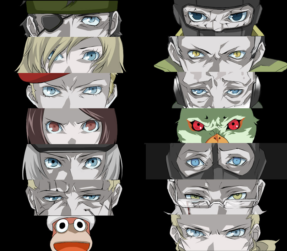 big boss, eva (metal gear), para-medic (mgs3), raikov, revolver ocelot, the boss, the end (metal gear), the fear, the fury, the pain, the sorrow, yevgeny borisovitch volgin, atlus, metal gear (series), metal gear solid 3: snake eater, persona, persona 3, saru getchu, 3girls, 6+boys, bird, blue eyes, brown eyes, brown hair, column lineup, eyepatch, glasses, grey hair, monkey, multiple boys, multiple girls, parody, parrot, persona eyes, yellow eyes
