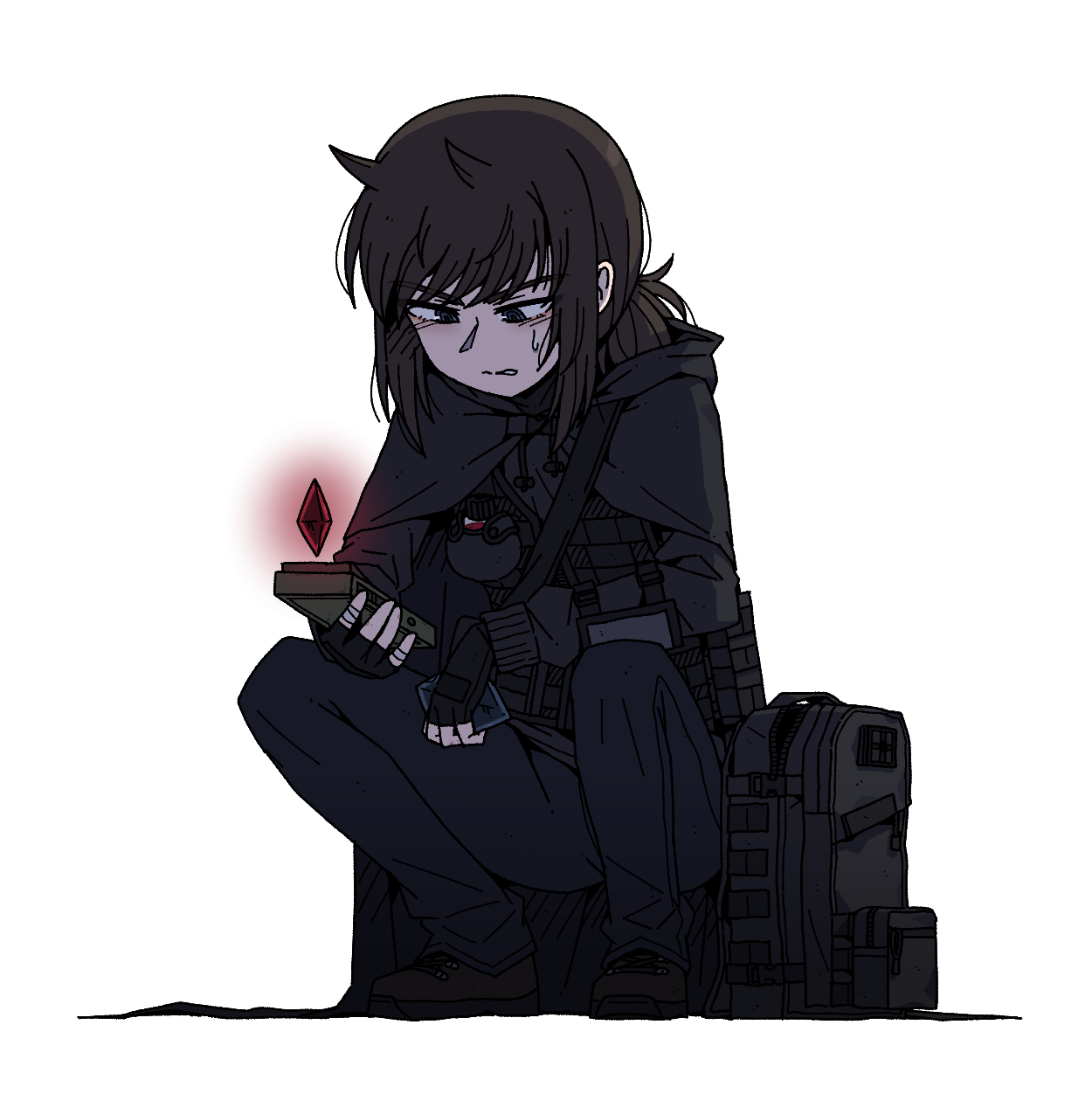 karepack, original, commission, highres, 1boy, backpack, bag, black bag, black cloak, black gloves, black jacket, blue eyes, blue pants, boots, brown hair, cloak, fingerless gloves, gloves, holding, hood, hooded cloak, jacket, load bearing vest, long hair, looking at object, pants, parted lips, ponytail, pouch, sidelocks, solo, squatting, sweatdrop, transparent background