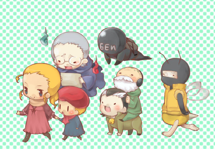revolver ocelot, the boss, the end (metal gear), the fear, the fury, the pain, the sorrow, metal gear (series), metal gear solid 3: snake eater, 1girl, 6+boys, beard, bee, blonde hair, blue eyes, bug, cat, facial hair, fang, glasses, grey hair, helmet, insect, metel gear solid 3, multiple boys, scarf, smile