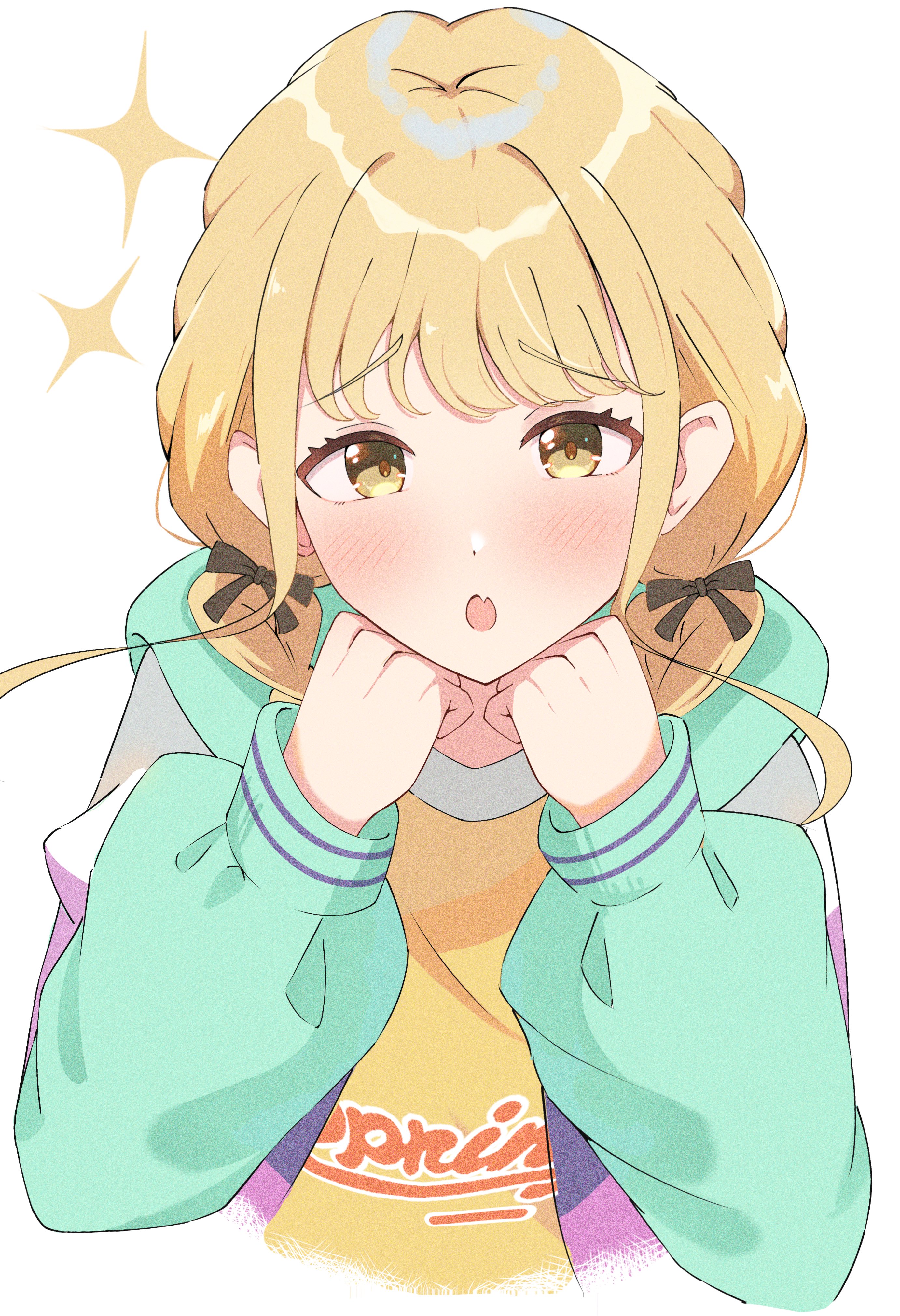 iroha 822, fujita kotone, gakuen idolmaster, idolmaster, absurdres, commentary request, highres, black ribbon, blonde hair, blush, clenched hands, clothes writing, cropped torso, fang, green jacket, hair ribbon, hands on own face, hands up, hood, hood down, hooded jacket, jacket, long hair, looking at viewer, multicolored jacket, open clothes, open jacket, open mouth, purple jacket, ribbon, shirt, simple background, skin fang, sparkle, swept bangs, t-shirt, twintails, upper body, white background, white jacket, yellow eyes, yellow shirt