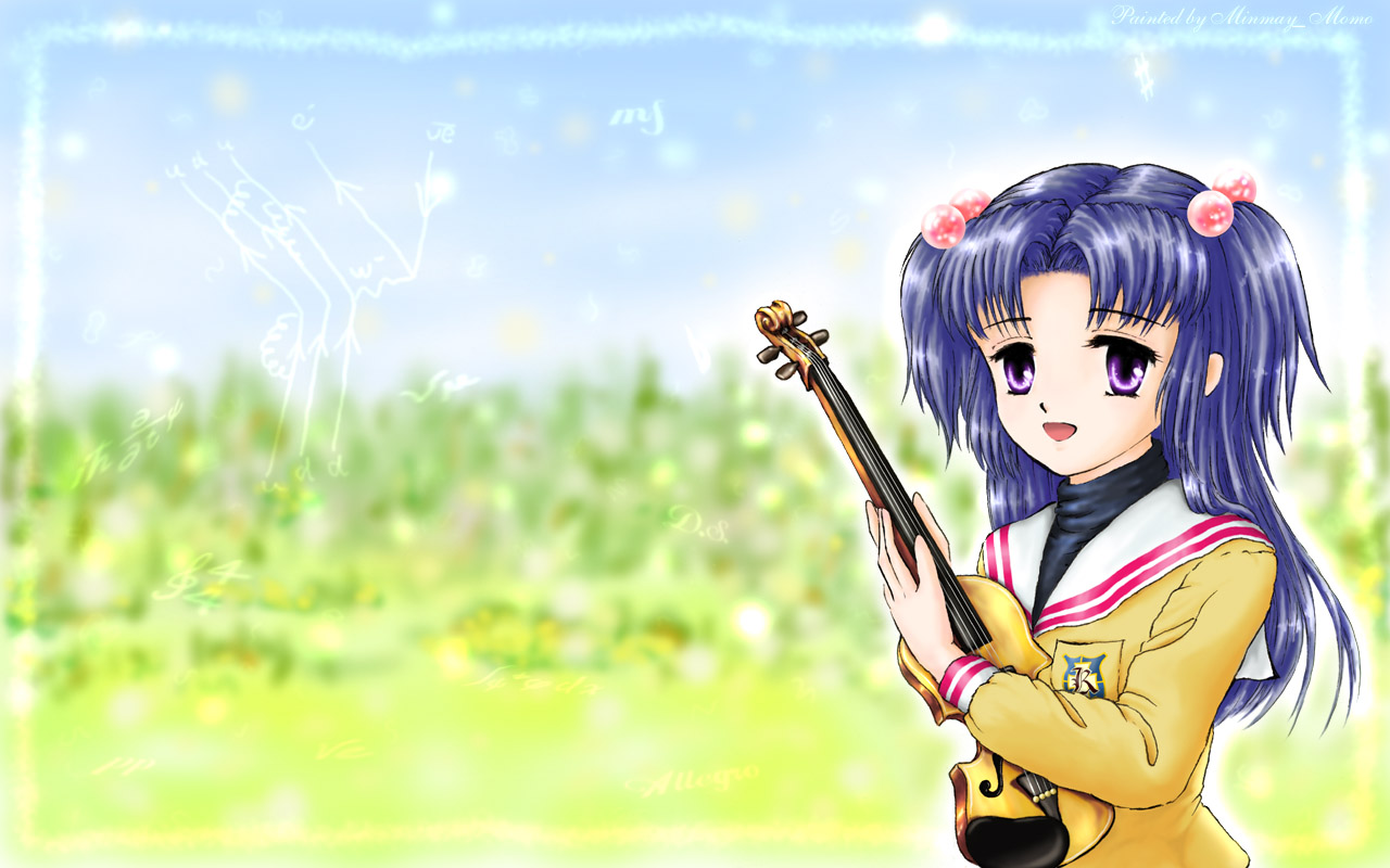 minme, ichinose kotomi, clannad, 00s, blue hair, hair bobbles, hair ornament, instrument, long hair, purple eyes, school uniform, twintails, two side up, violin
