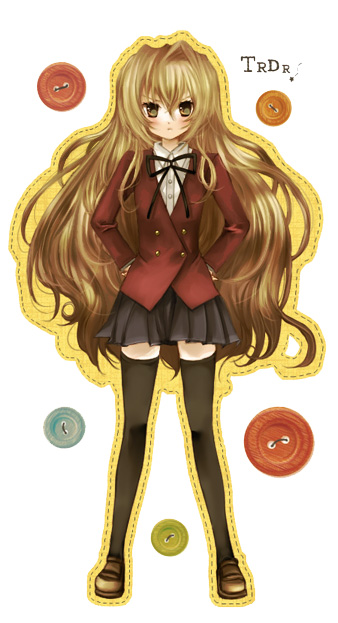 aisaka taiga, toradora!, non-web source, 00s, brown eyes, brown hair, buttons, hands on own hips, long hair, school uniform, solo, thighhighs