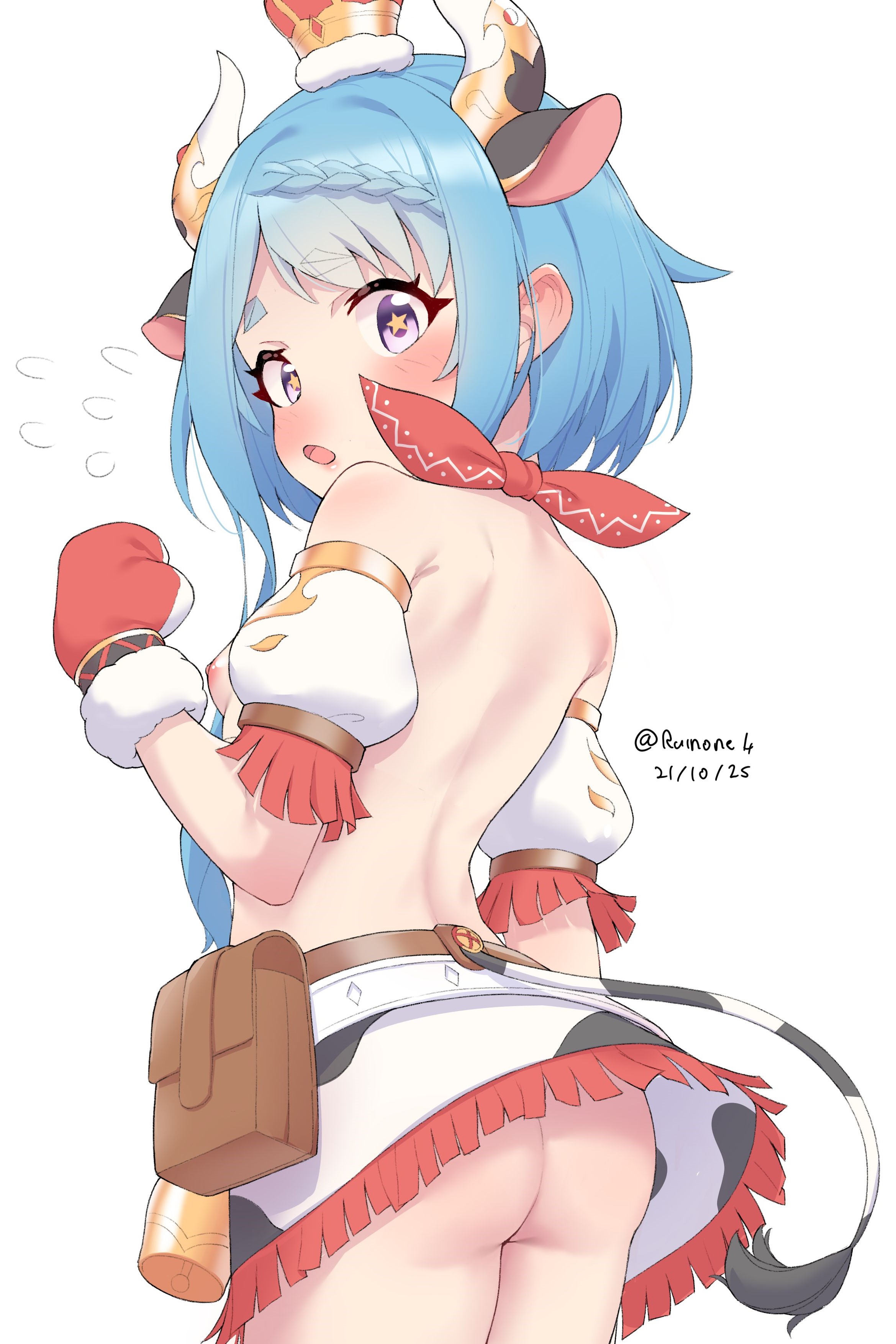 ruinone, mahiru (princess connect!), princess connect!, absurdres, highres, 1girl, animal ears, animal print, artist name, ass, bare shoulders, blue hair, blush, breasts, cow ears, cow horns, cow print, cow tail, cowboy shot, crown, dated, detached sleeves, flying sweatdrops, from behind, horns, looking at viewer, mini crown, mittens, nipples, no panties, open mouth, print skirt, puffy short sleeves, puffy sleeves, purple eyes, red mittens, short hair, short sleeves, simple background, skirt, small breasts, solo, star (symbol), star in eye, symbol in eye, tail, thick eyebrows, topless female, twitter username, white background