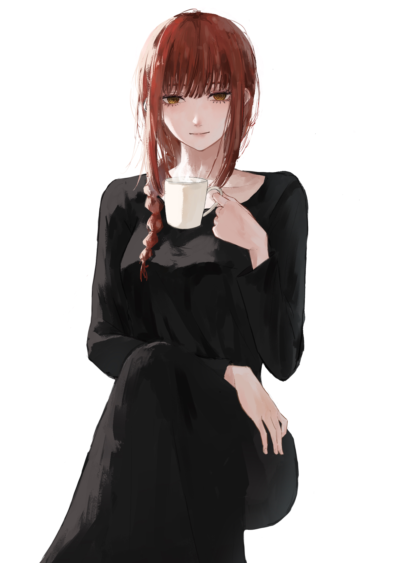 ushi yo, makima (chainsaw man), chainsaw man, commentary, highres, 1girl, black dress, braid, braided ponytail, collarbone, cup, dress, feet out of frame, holding, holding cup, invisible chair, light smile, long sleeves, mug, red eyes, ringed eyes, sidelocks, simple background, sitting, solo, steam, white background, yellow eyes