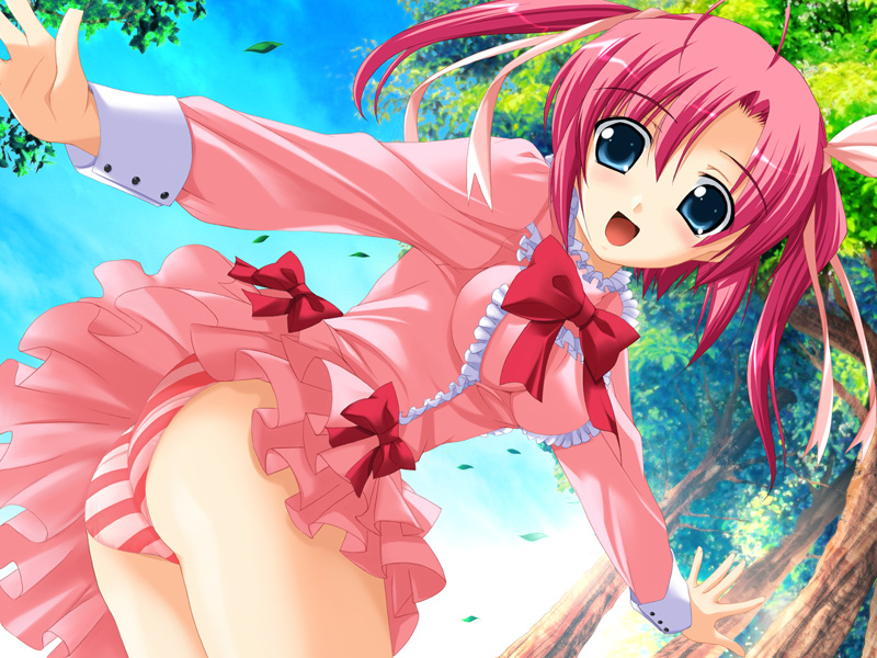 mochizuki sakura, fami! kyou no menu wa lesson c, game cg, 1girl, ass, bent over, blue eyes, blush, bow, dress, dutch angle, female focus, frills, hair ribbon, lace, looking back, panties, pantyshot, pink dress, pink hair, pink panties, ribbon, skirt, sky, smile, solo, striped clothes, striped panties, twintails, underwear