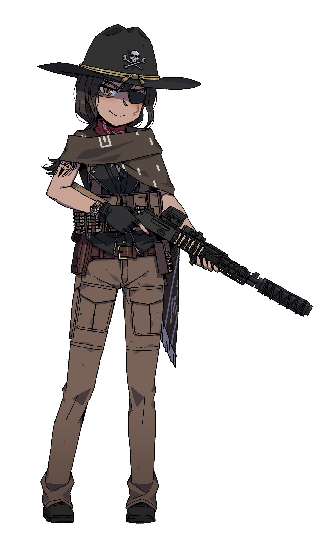 karepack, original, commission, highres, 1girl, arm tattoo, bandana, bandana around neck, belt, black boots, black gloves, black vest, boots, breasts, brown hair, brown pants, campaign hat, chest rig, closed mouth, eyepatch, fingerless gloves, flashlight, gloves, gun, handgun, holster, lever action, long hair, looking at viewer, low ponytail, medium breasts, optical sight, pants, ponytail, red bandana, rifle, scar, scar across eye, scar on face, smile, suppressor, tattoo, trigger discipline, vest, watch, weapon, yellow eyes