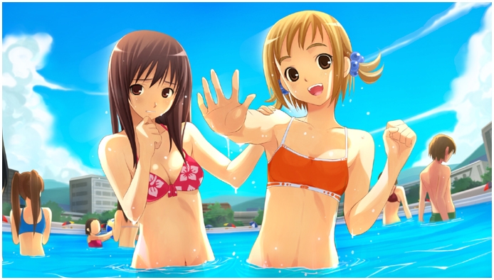 kuzuha (sugao no hohoemi), yanagi yui, sugao no hohoemi, artist request, 1boy, 6+girls, beach umbrella, bikini, blonde hair, blue bikini, blush, breasts, brown hair, cleavage, cloud, embarrassed, flat chest, floral print, green male swimwear, green one-piece swimsuit, green swim trunks, hair bobbles, hair ornament, long hair, male swimwear, multiple girls, navel, one-piece swimsuit, orange bikini, pool, print bikini, red bikini, short hair, sky, small breasts, smile, swim trunks, swimsuit, twintails, umbrella, wading, water, wet, white bikini