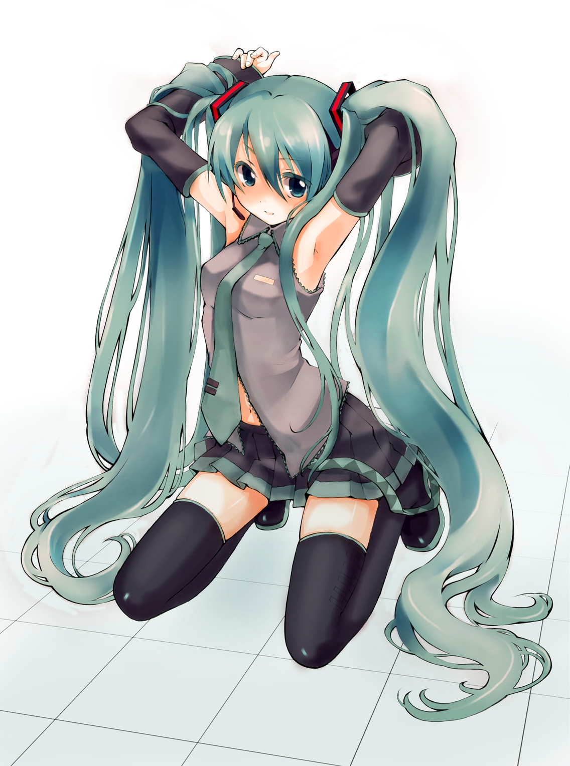 amachi osamu, ginta, hatsune miku, vocaloid, bad id, bad pixiv id, colorized, highres, 1girl, aqua eyes, aqua hair, armpits, blush, detached sleeves, female focus, headset, long hair, navel, necktie, perspective, skirt, solo, thighhighs, twintails, very long hair, zettai ryouiki