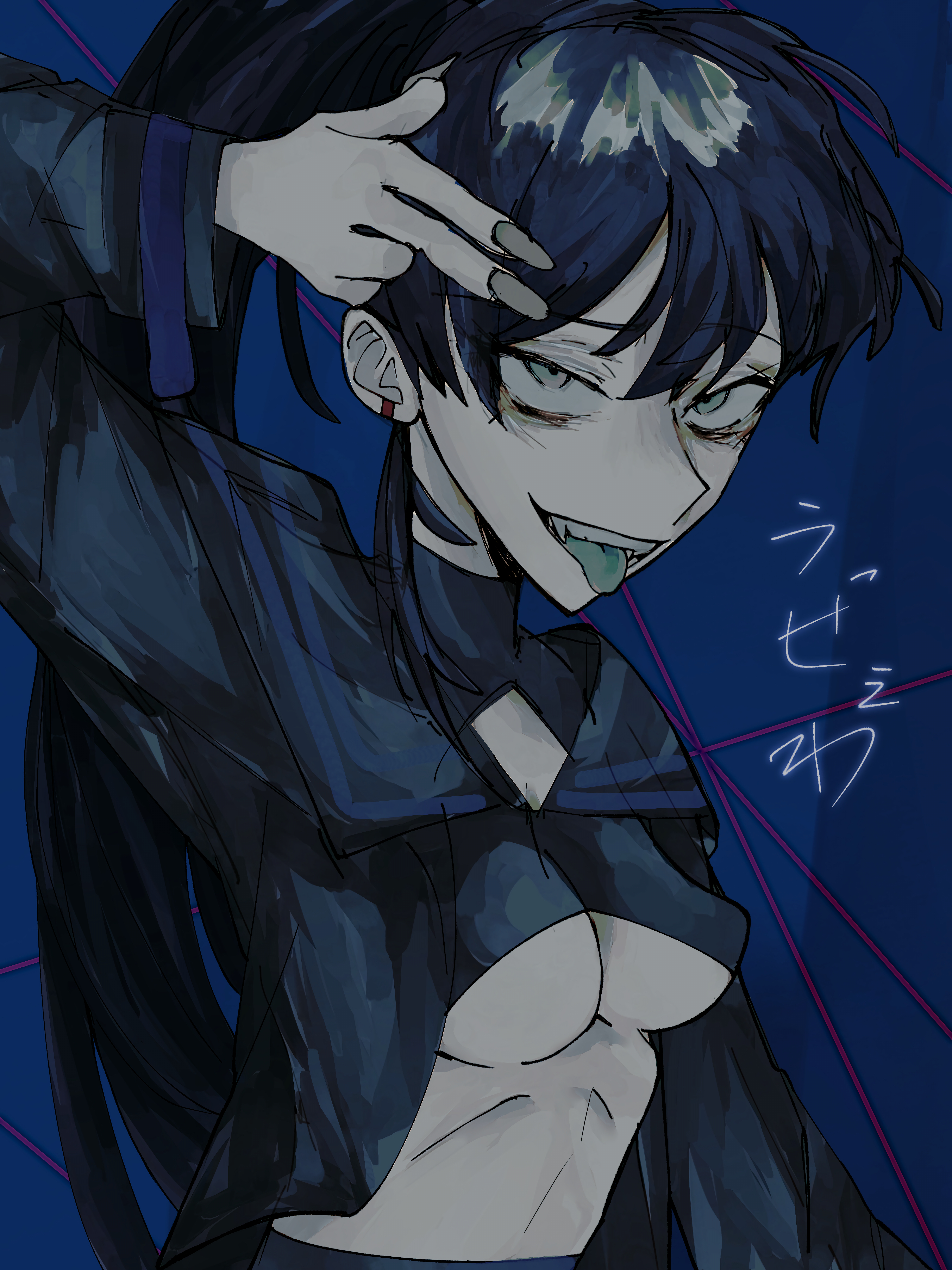 naima (ado), ado (utaite), usseewa, absurdres, commentary, highres, 1girl, 7z32z, arm up, black hair, black shirt, blue background, blue tongue, breasts, colored tongue, earclip, finger gun, grey nails, long hair, looking at viewer, ponytail, shirt, solo, song name, teeth, tongue, tongue out, underboob, upper body, upper teeth only