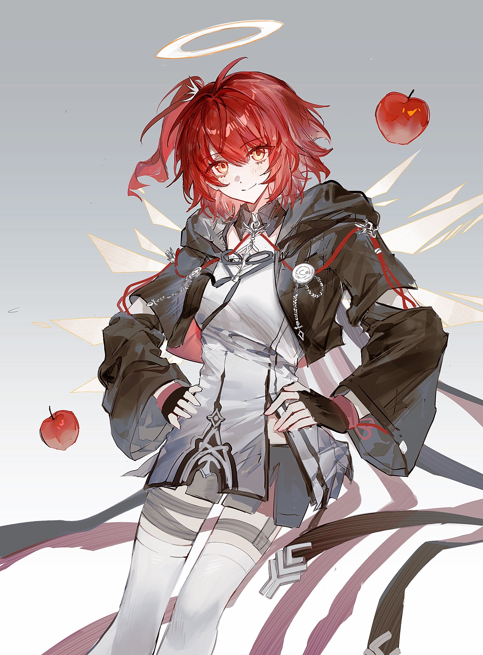 bochishiraita, exusiai (arknights), exusiai the new covenant (arknights), arknights, hashtag-only commentary, highres, 1girl, apple, black gloves, black jacket, breasts, closed mouth, cropped jacket, detached wings, energy wings, feet out of frame, fingerless gloves, food, fruit, gloves, gradient background, grey background, halo, jacket, long hair, looking at viewer, medium hair, one side up, orange eyes, red hair, shirt, smile, solo, standing, thighhighs, traditional halo, white background, white shirt, white thighhighs, wings, yellow halo