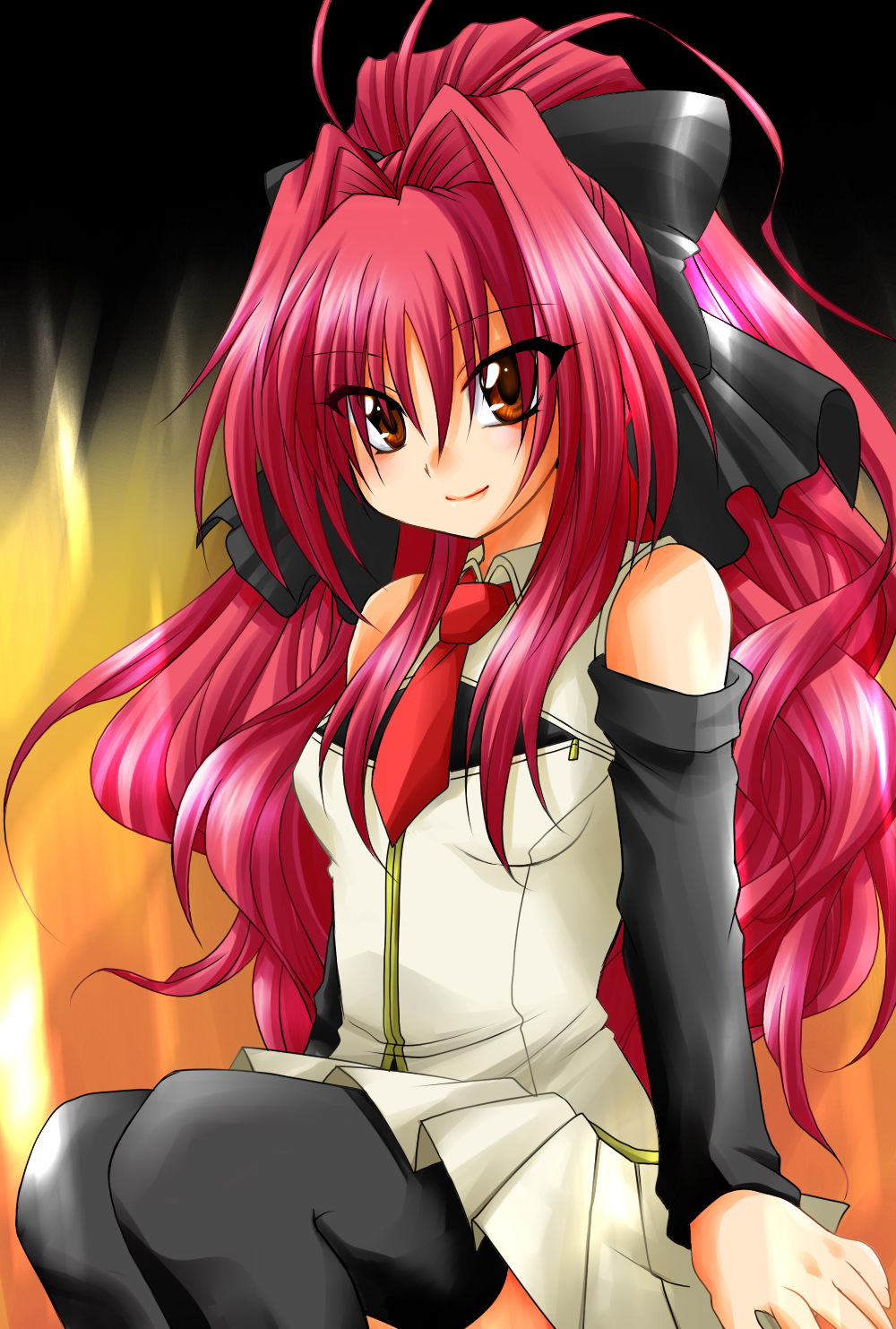 take no ko, corticarte apa lagranges, shinkyoku soukai polyphonica, bad id, bad pixiv id, highres, 00s, detached sleeves, hair ribbon, long hair, ponytail, red eyes, red hair, ribbon, skirt, solo, thighhighs