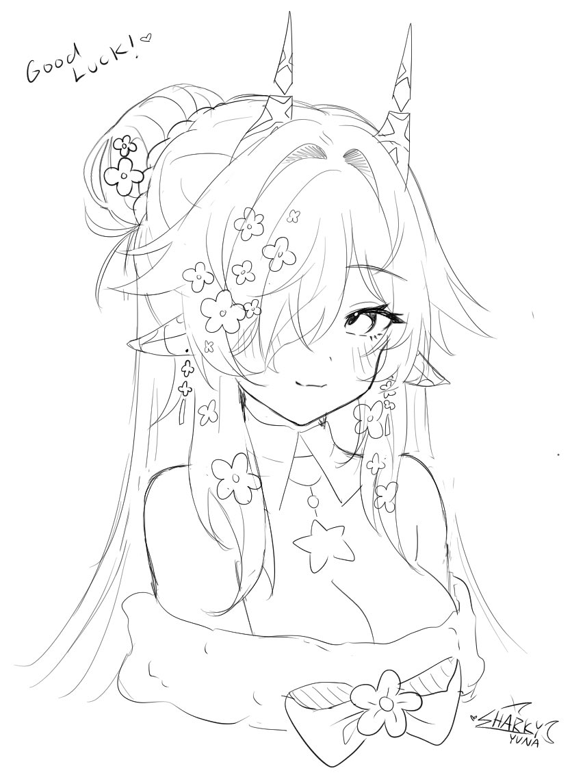 sharkyyuna, original, commentary, english commentary, unfinished, 1girl, bare shoulders, bow, breasts, cleavage, closed mouth, cropped torso, earrings, flower, greyscale, hair bun, hair flower, hair ornament, hair over one eye, horns, jewelry, long hair, looking at viewer, medium breasts, monochrome, one eye covered, parted bangs, pointy ears, simple background, sketch, smile, solo, white background