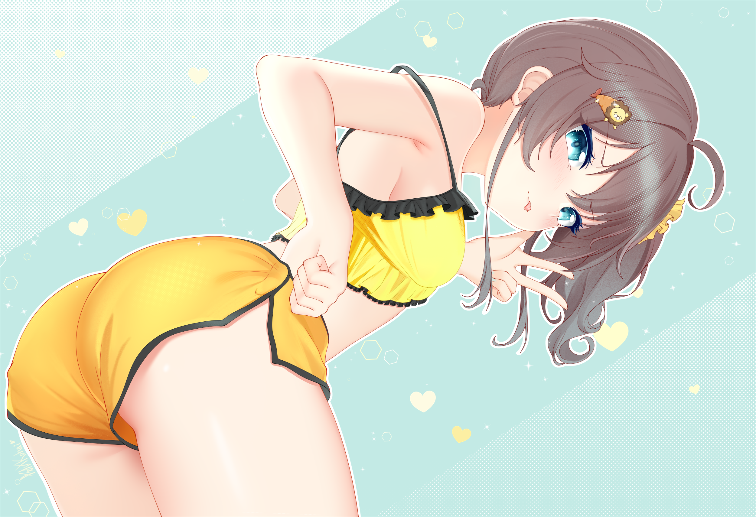 felixkohai, natsuiro matsuri, natsuiro matsuri (matsuri's day off), hololive, highres, 1girl, ahoge, armpit crease, ass, bare arms, bare shoulders, bent over, blue eyes, breasts, brown hair, closed mouth, cowboy shot, crop top, dolphin shorts, frilled shirt, frills, from behind, hair ornament, hair scrunchie, long hair, looking at viewer, looking back, midriff, scrunchie, shirt, short shorts, shorts, side ponytail, small breasts, smile, solo, spaghetti strap, strap slip, thighs, tongue, tongue out, v, v-shaped eyebrows, virtual youtuber, yellow shirt, yellow shorts