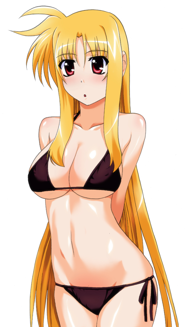 yuuki1103, fate testarossa, lyrical nanoha, mahou shoujo lyrical nanoha, mahou shoujo lyrical nanoha strikers, 00s, 1girl, bikini, black bikini, blonde hair, blush, breasts, female focus, large breasts, long hair, red eyes, side-tie bikini bottom, solo, swimsuit, underboob, very long hair