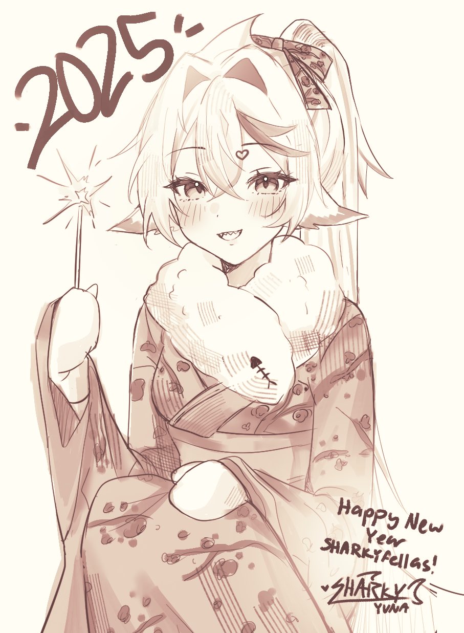 sharkyyuna, indie virtual youtuber, commentary, english commentary, highres, 1girl, 2025, animal ears, blush, breasts, cowboy shot, crossed bangs, double-parted bangs, hair between eyes, hair intakes, happy new year, holding, japanese clothes, kimono, long hair, long sleeves, looking at viewer, mittens, monochrome, new year, open mouth, print kimono, scarf, sepia, sharkyyuna (vtuber), sharp teeth, simple background, smile, solo, teeth, virtual youtuber, wide sleeves