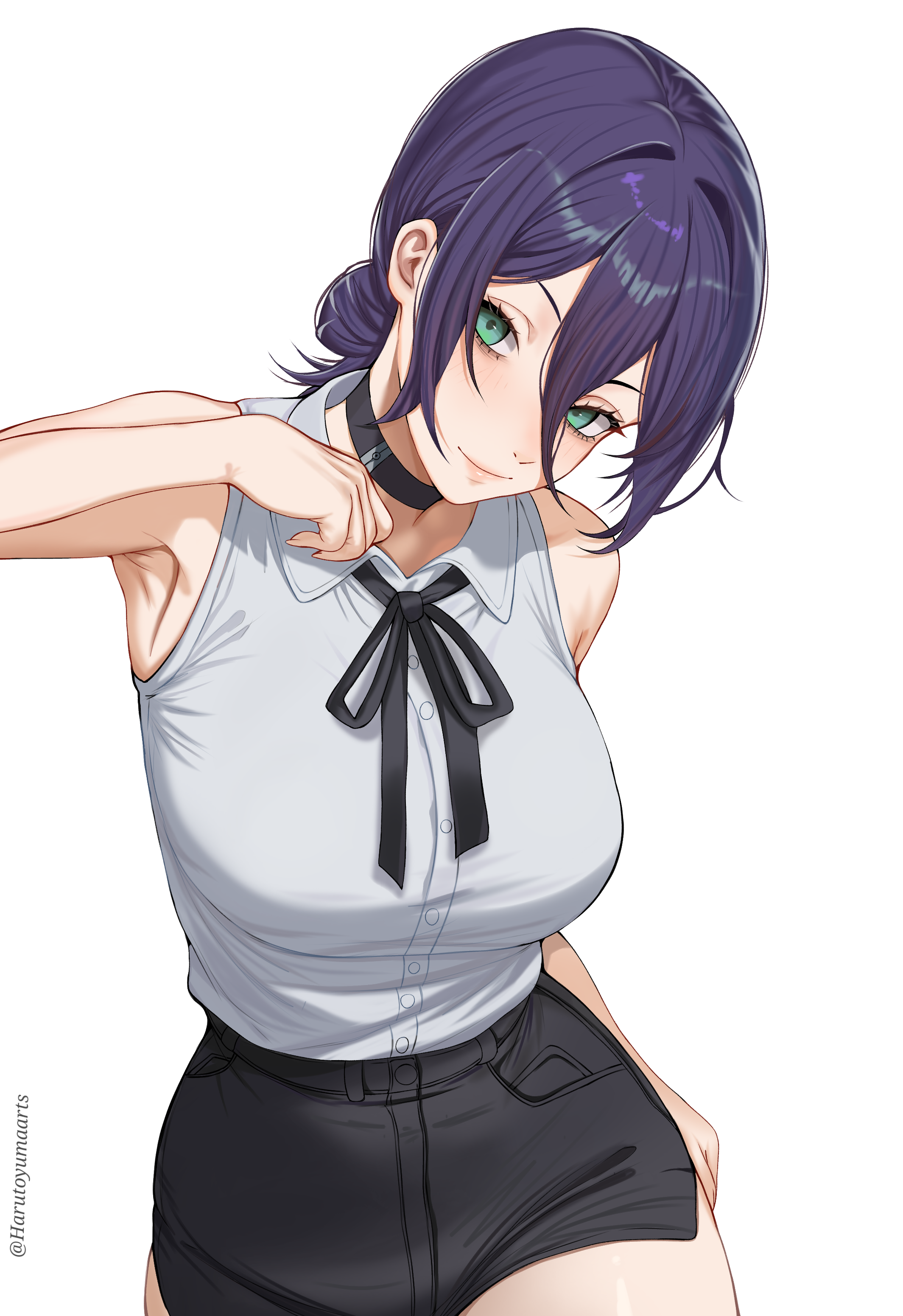 harutoyumaarts, reze (chainsaw man), chainsaw man, absurdres, highres, 1girl, armpits, artist name, black hair, black ribbon, black shorts, breasts, closed mouth, collared shirt, green eyes, hair between eyes, hair bun, large breasts, looking at viewer, neck ribbon, ribbon, shirt, shirt tucked in, shorts, simple background, sleeveless, sleeveless shirt, solo, white background, white shirt