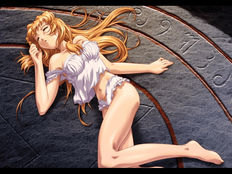 game cg, non-web source, 1girl, barefoot, camisole, feet, female focus, lingerie, long hair, lying, magic circle, orange hair, solo, underwear