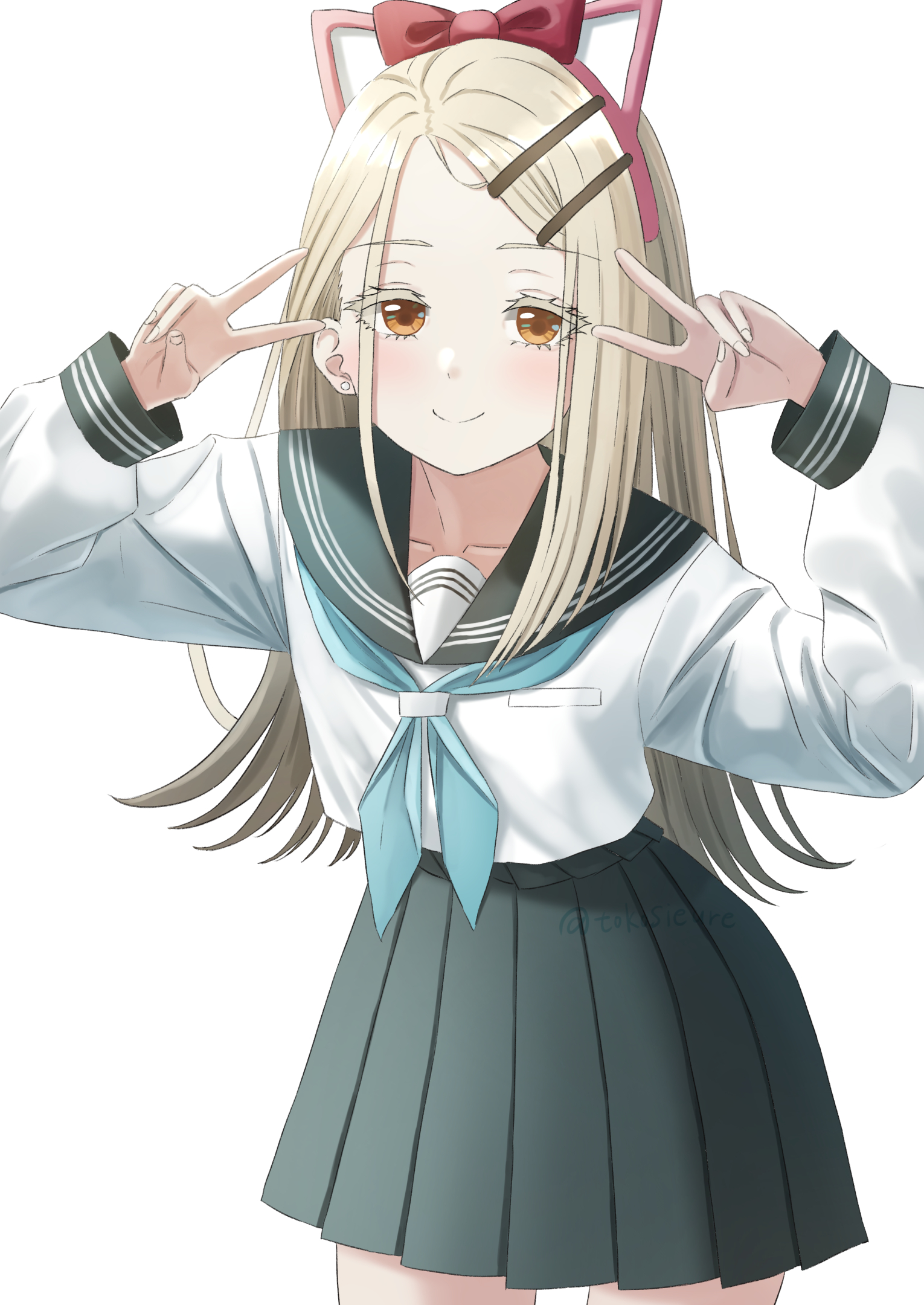 ritug36k, shinosawa hiro, gakuen idolmaster, idolmaster, commentary request, highres, 1girl, animal ears, black sailor collar, black skirt, blonde hair, blue neckerchief, bow, collarbone, double v, earrings, fake animal ears, hair bow, hair ornament, hairclip, jewelry, long hair, looking at viewer, neckerchief, orange eyes, parallel hairclips, pleated skirt, red bow, sailor collar, school uniform, serafuku, shirt, skirt, solo, v, white shirt