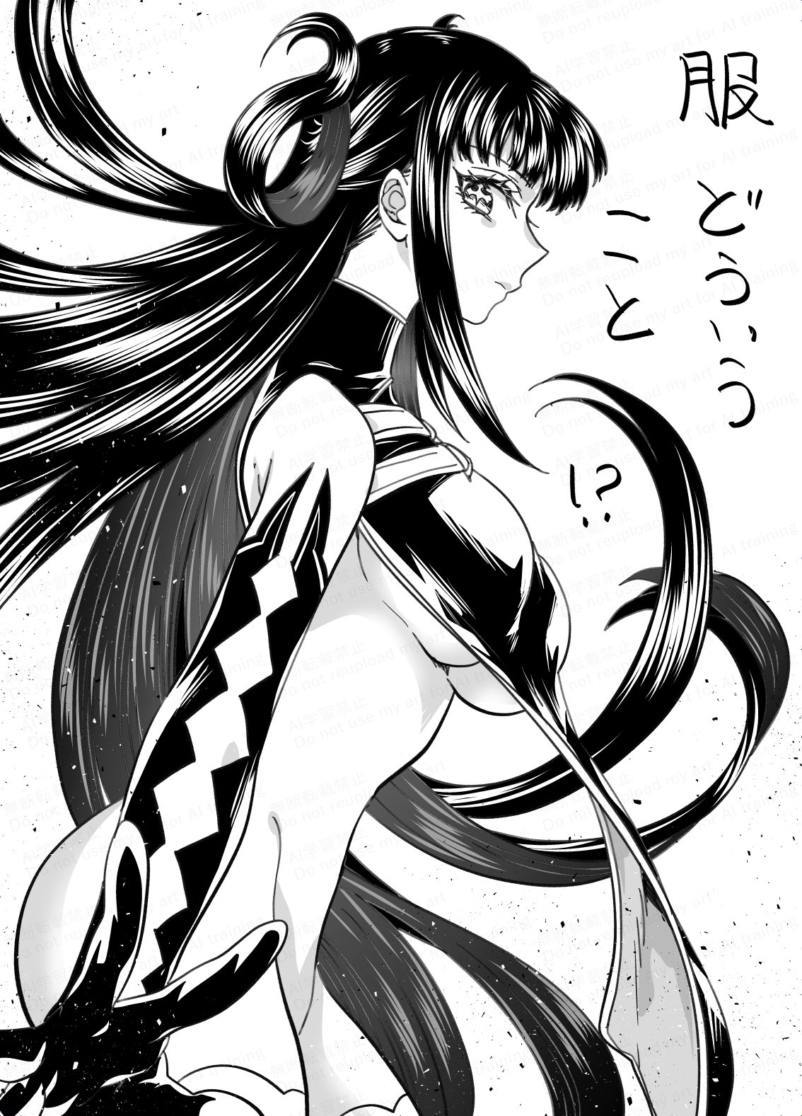 ikuhashi muiko, kuniruri natsuki, nue no onmyouji, highres, + +, 1girl, black tabard, breast curtain, breasts, bright pupils, cross-shaped pupils, elbow gloves, from side, gloves, groin, hair horns, hair rings, looking at viewer, looking to the side, monochrome, naked tabard, no bra, no panties, sideboob, sidelocks, solo, star-shaped pupils, star (symbol), symbol-shaped pupils, tabard, tabard lift, thighs, underboob