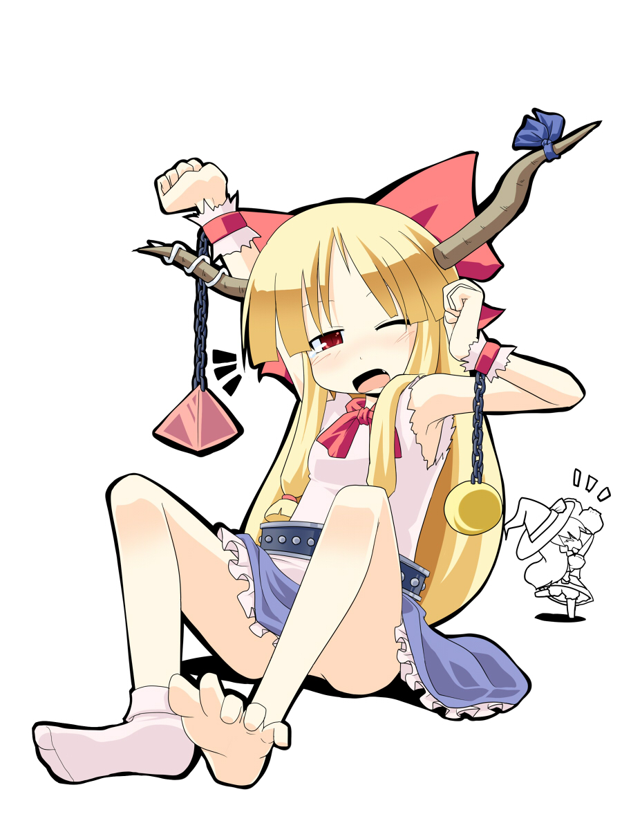 hujikok, ibuki suika, kirisame marisa, touhou, bad id, bad pixiv id, highres, 2girls, armpits, barefoot, belt, blonde hair, bloomers, bottomless, bow, bowtie, chain, clothes theft, feet, female focus, hair bow, horn ornament, horn ribbon, horns, multiple girls, no panties, red eyes, ribbon, skirt, socks, soles, stretching, theft, toes, underwear, underwear theft, waking up, wrist cuffs