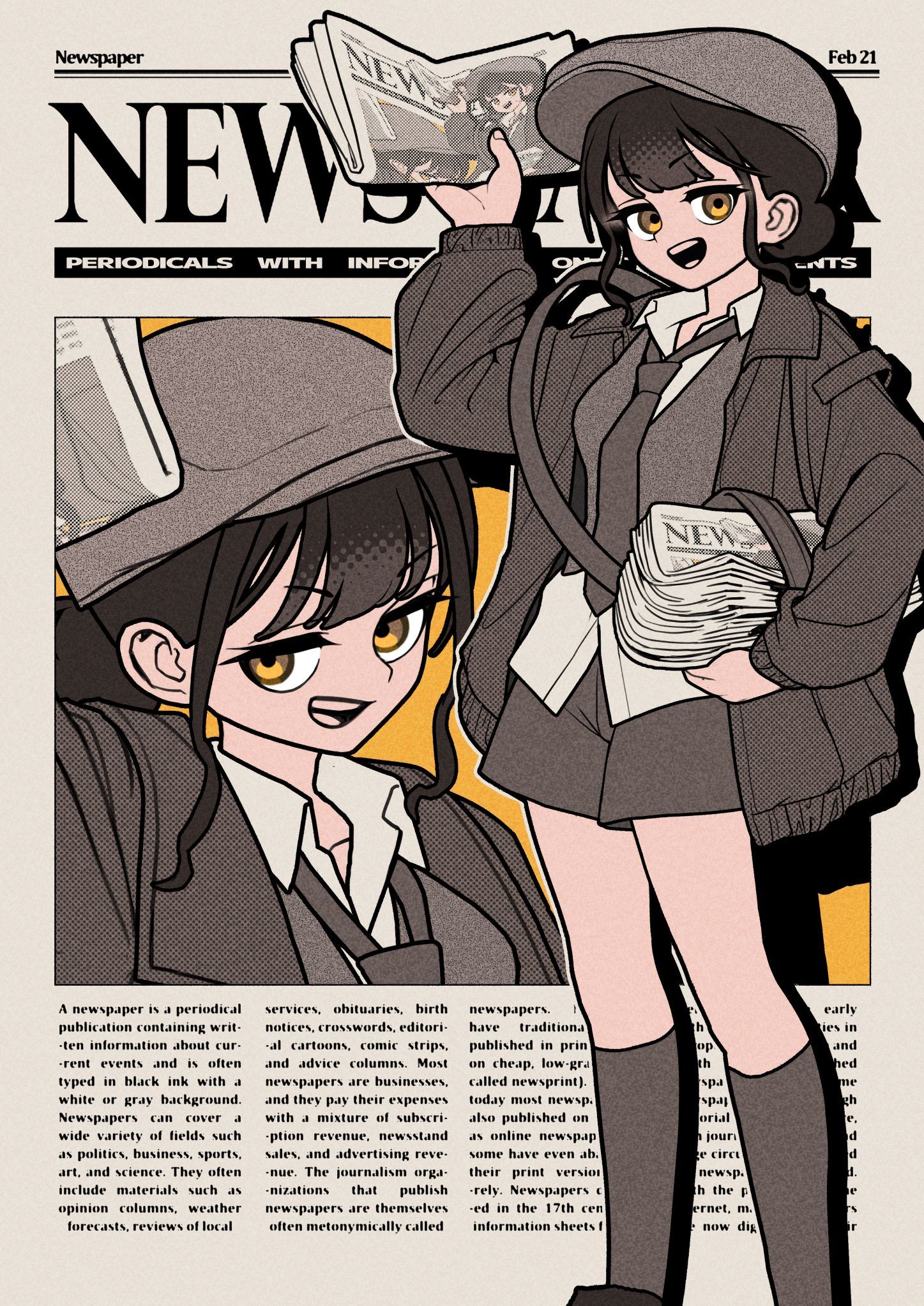 arimoto wataru, original, highres, 1girl, black hair, black socks, coat, hat, necktie, newspaper, short hair, socks