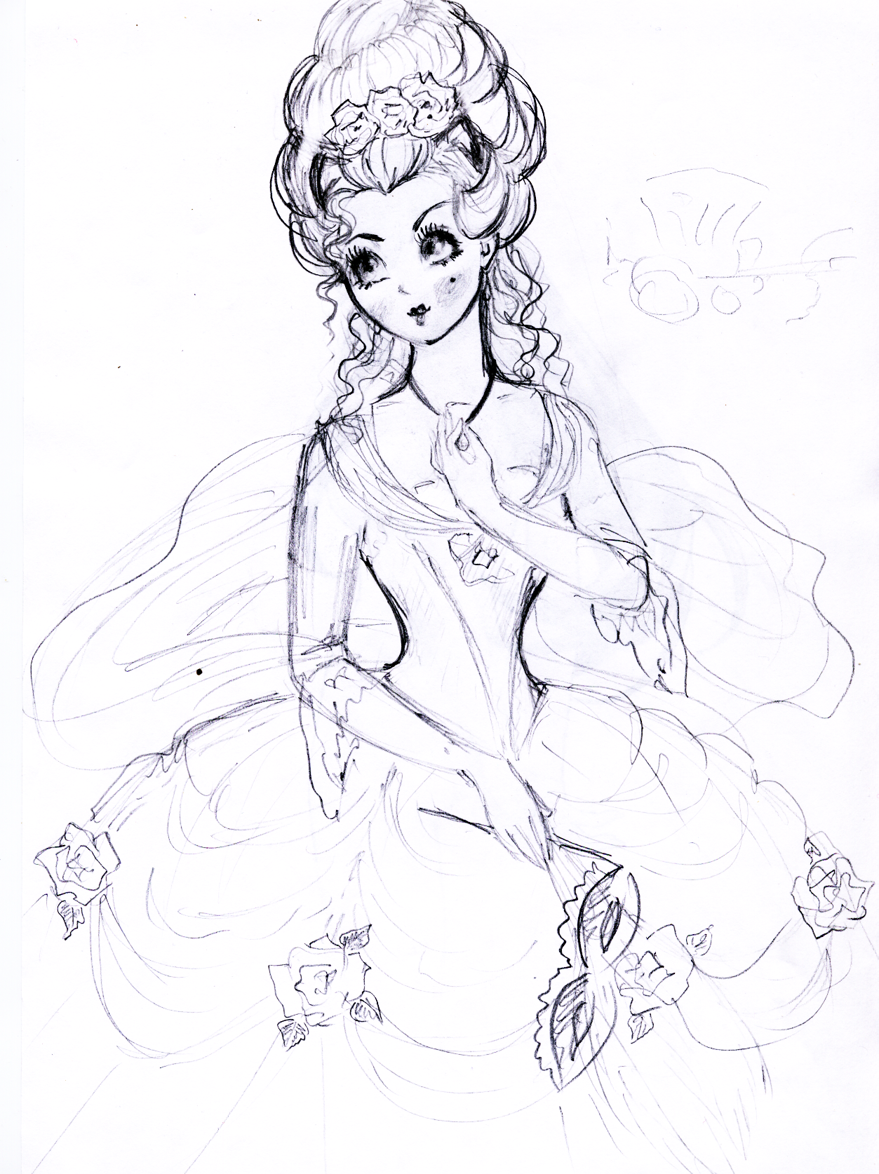 robingi, kurohime, highres, self-upload, 1girl, dress, female focus, greyscale, monochrome, pencil, sketch, smile, solo